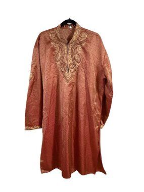Traditional Mens Embroidered Kurta In Gold & Red Size 44 Long Sleeve Lightweight